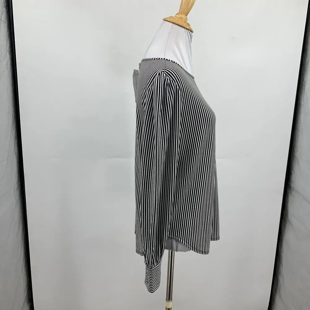 Ann Taylor Top Women XS Extra Small White Black Striped Long Sleeve Button Cuff